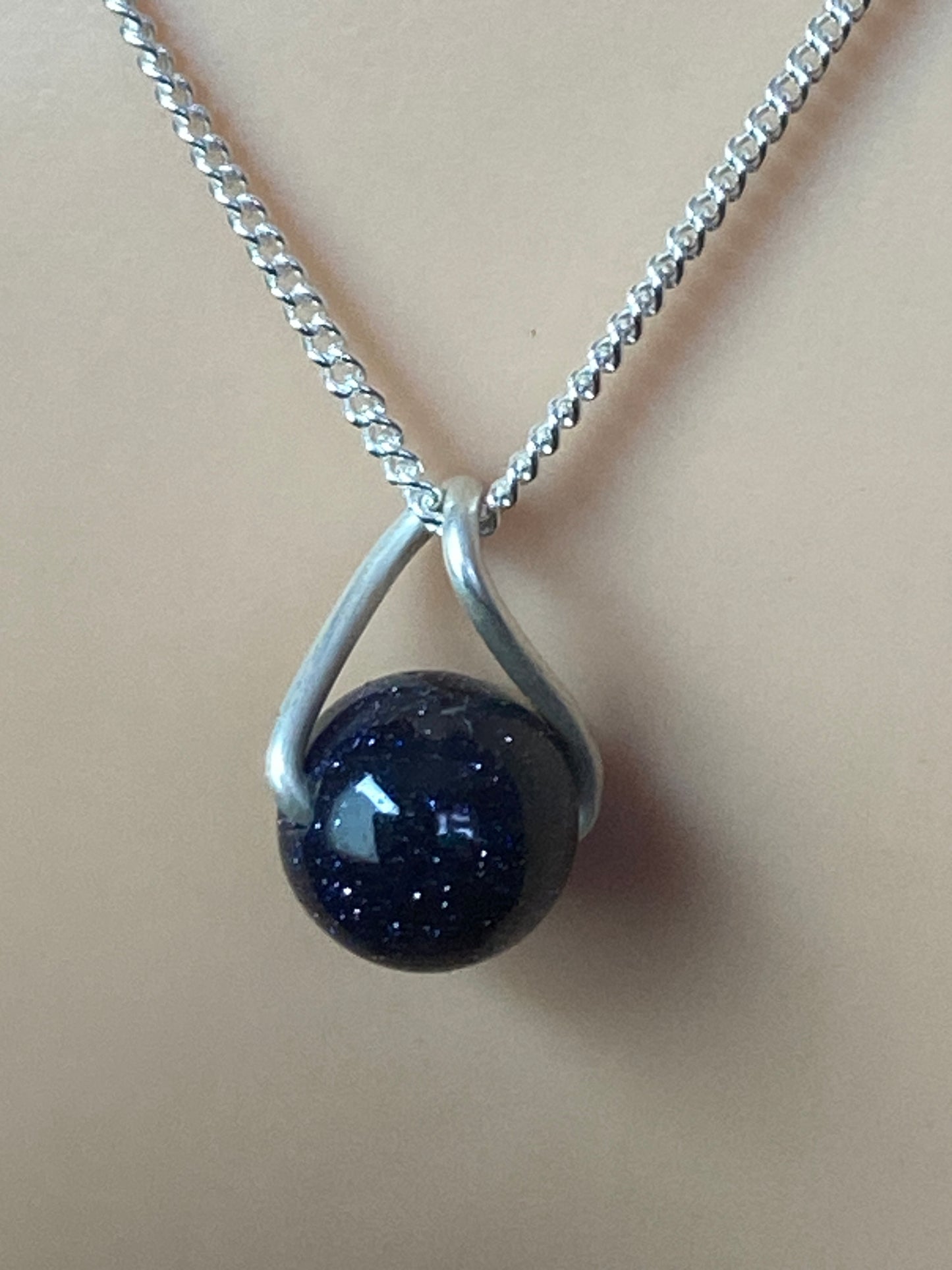 Silver necklace, blue goldstone pendant, 18” sterling silver chain