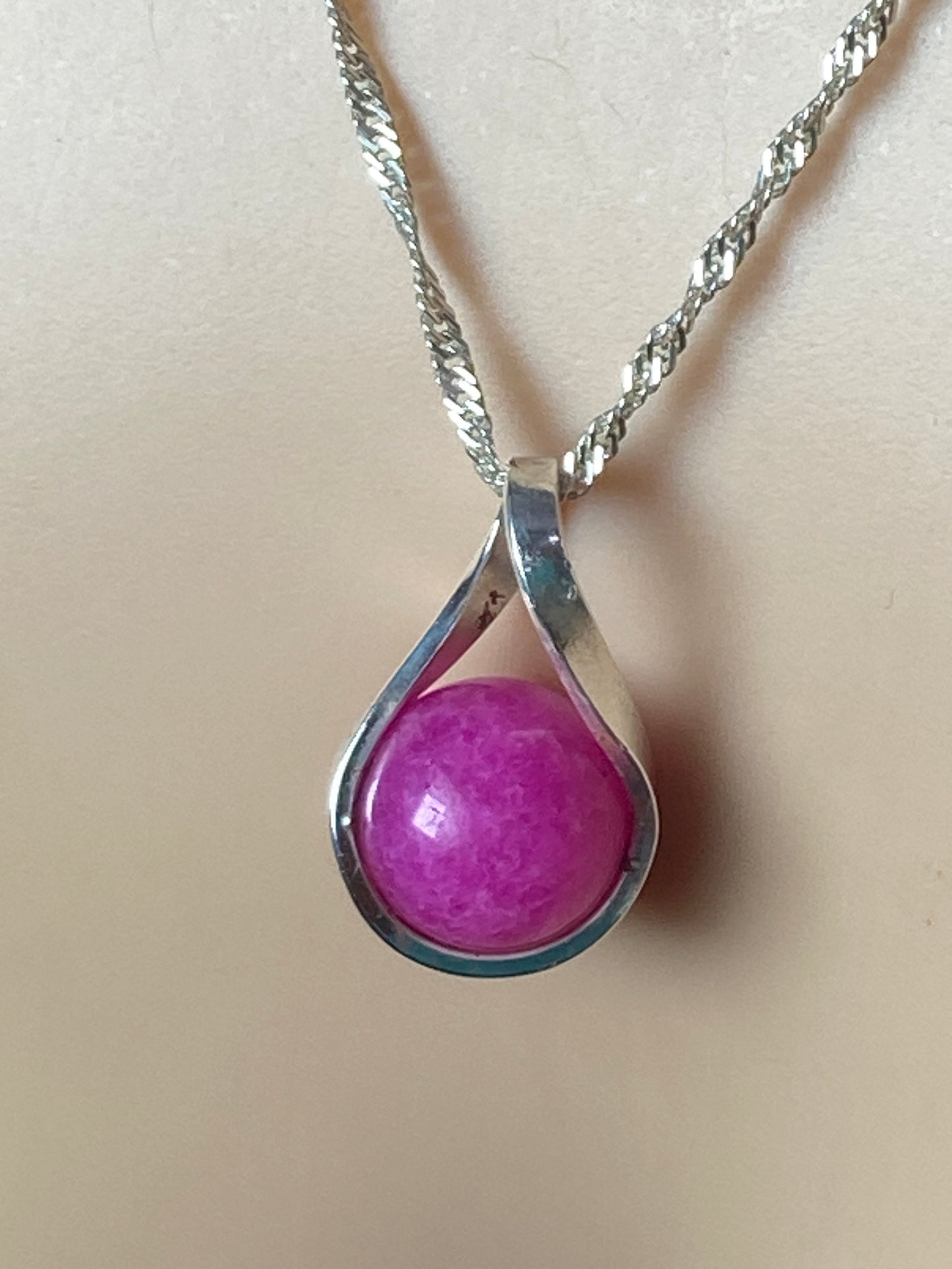 Silver pink Jade necklace, 18” silver chain