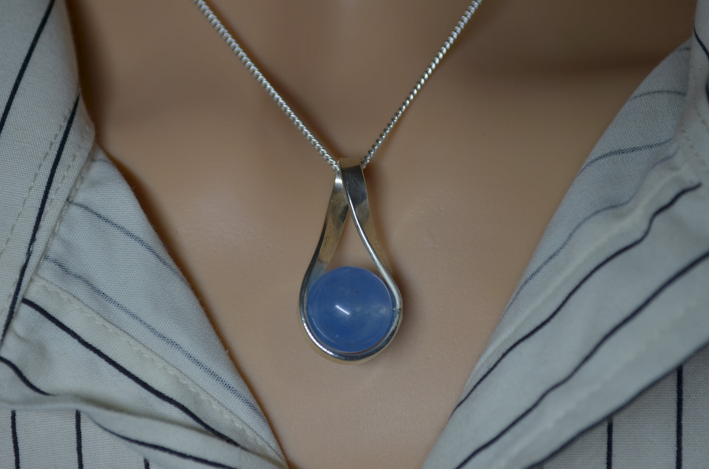 Silver blue jade bead necklace, round stone pendant, natural materials, 18” chain