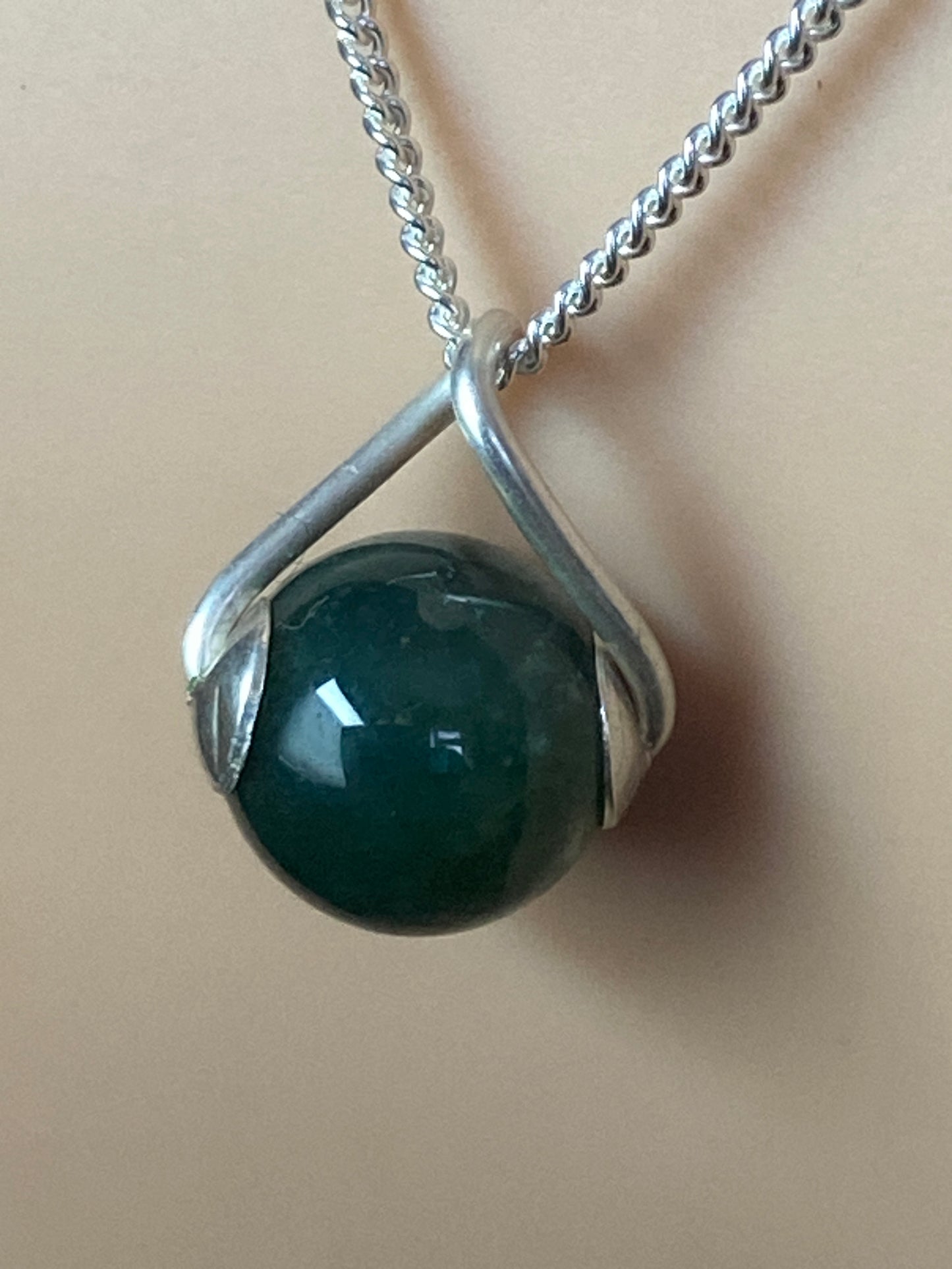 Moss agate Silver necklace, 18” silver chain