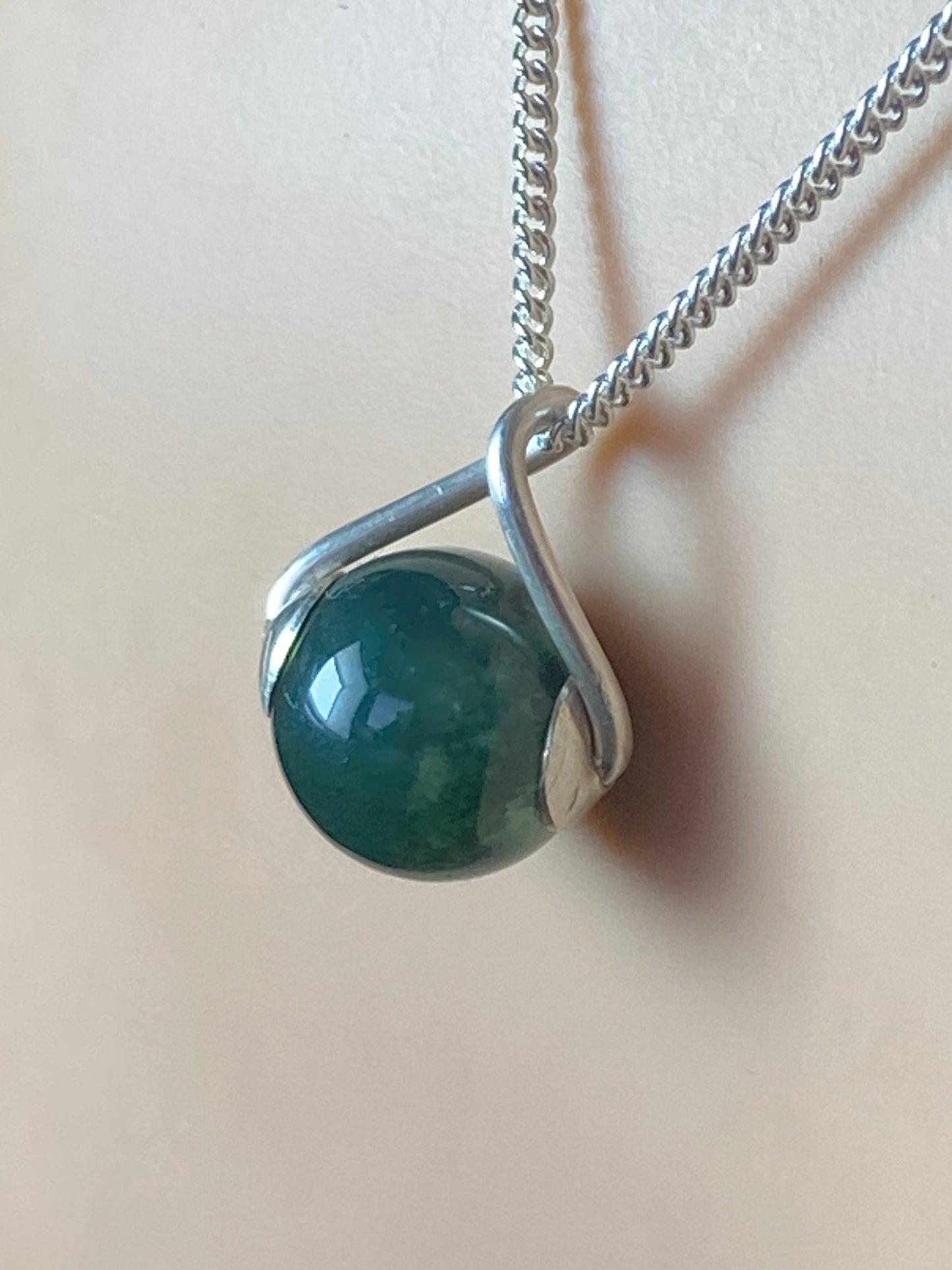 Moss agate Silver necklace, 18” silver chain
