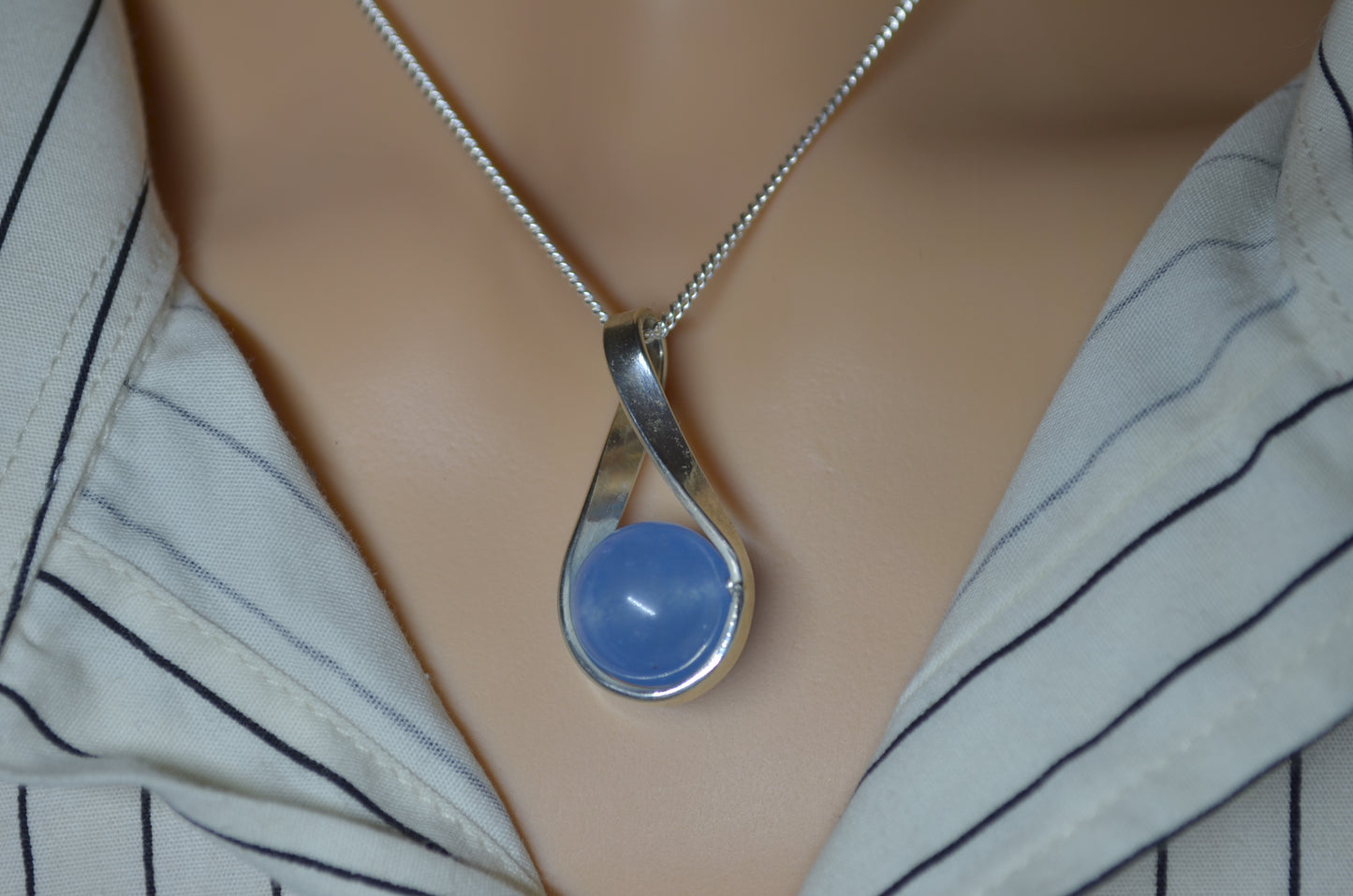 Silver blue jade bead necklace, round stone pendant, natural materials, 18” chain