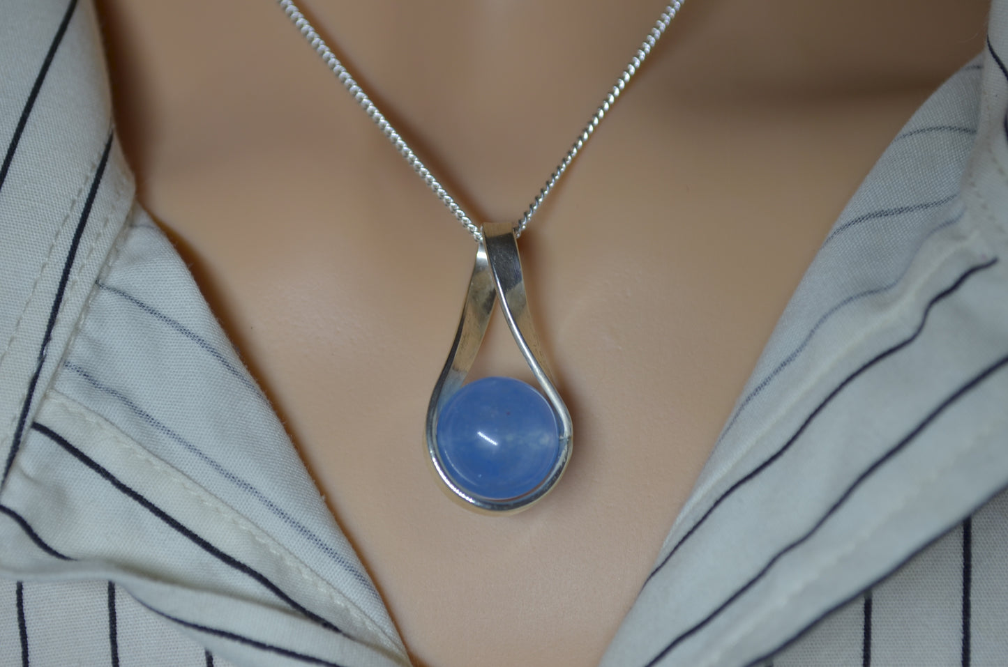 Silver blue jade bead necklace, round stone pendant, natural materials, 18” chain