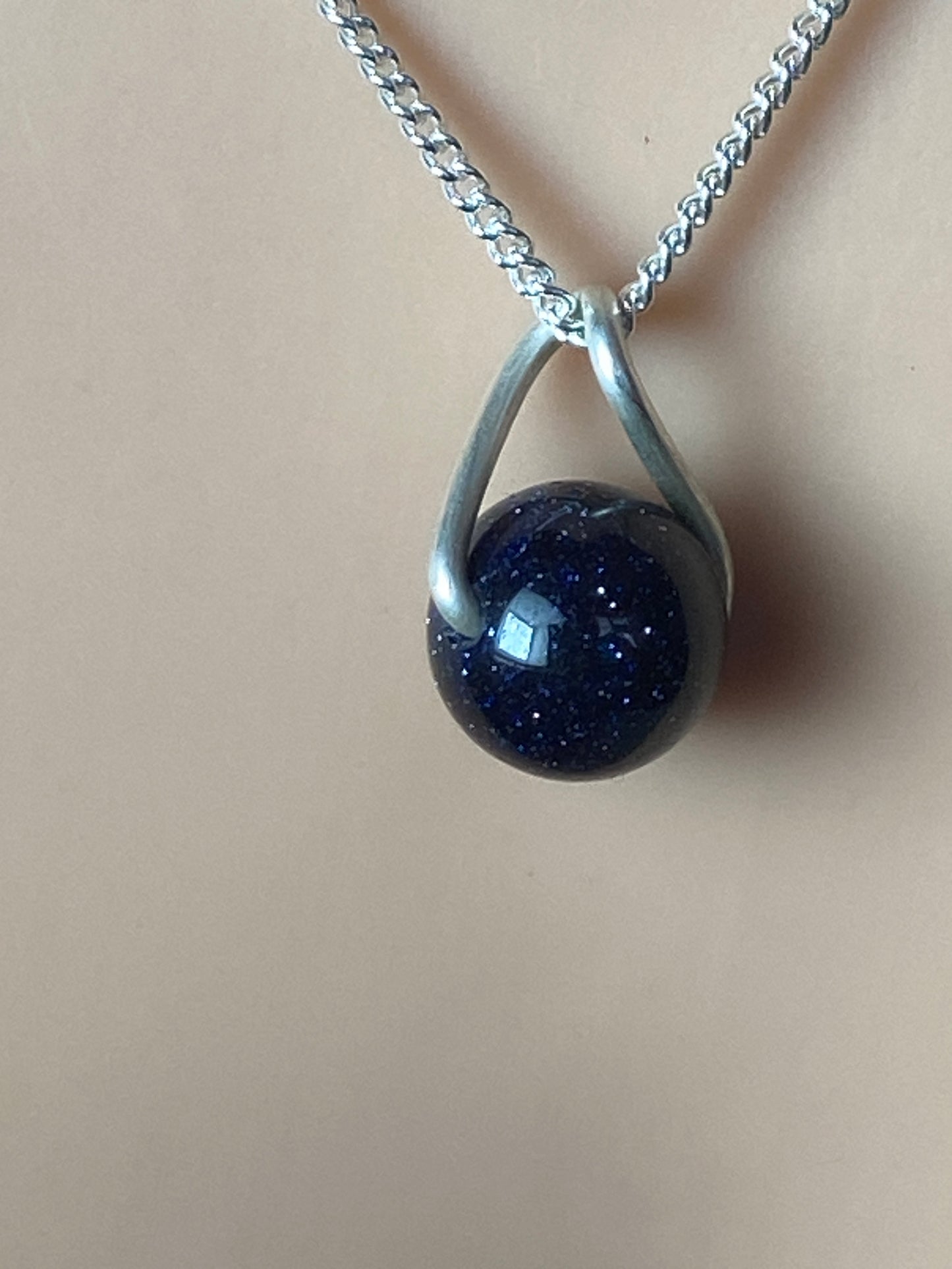 Silver necklace, blue goldstone pendant, 18” sterling silver chain