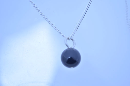 black onyx pendant, sterling silver necklace, natural round small charm, 18” chain