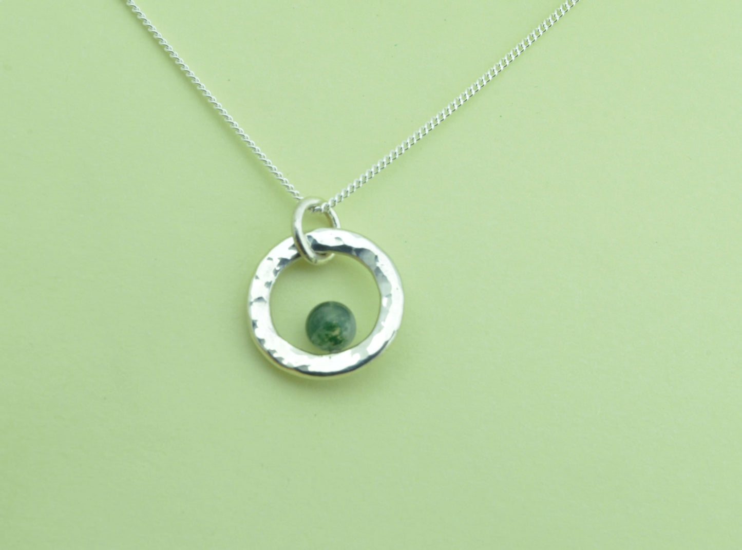 Silver Moss agate necklace, 18” silver chain