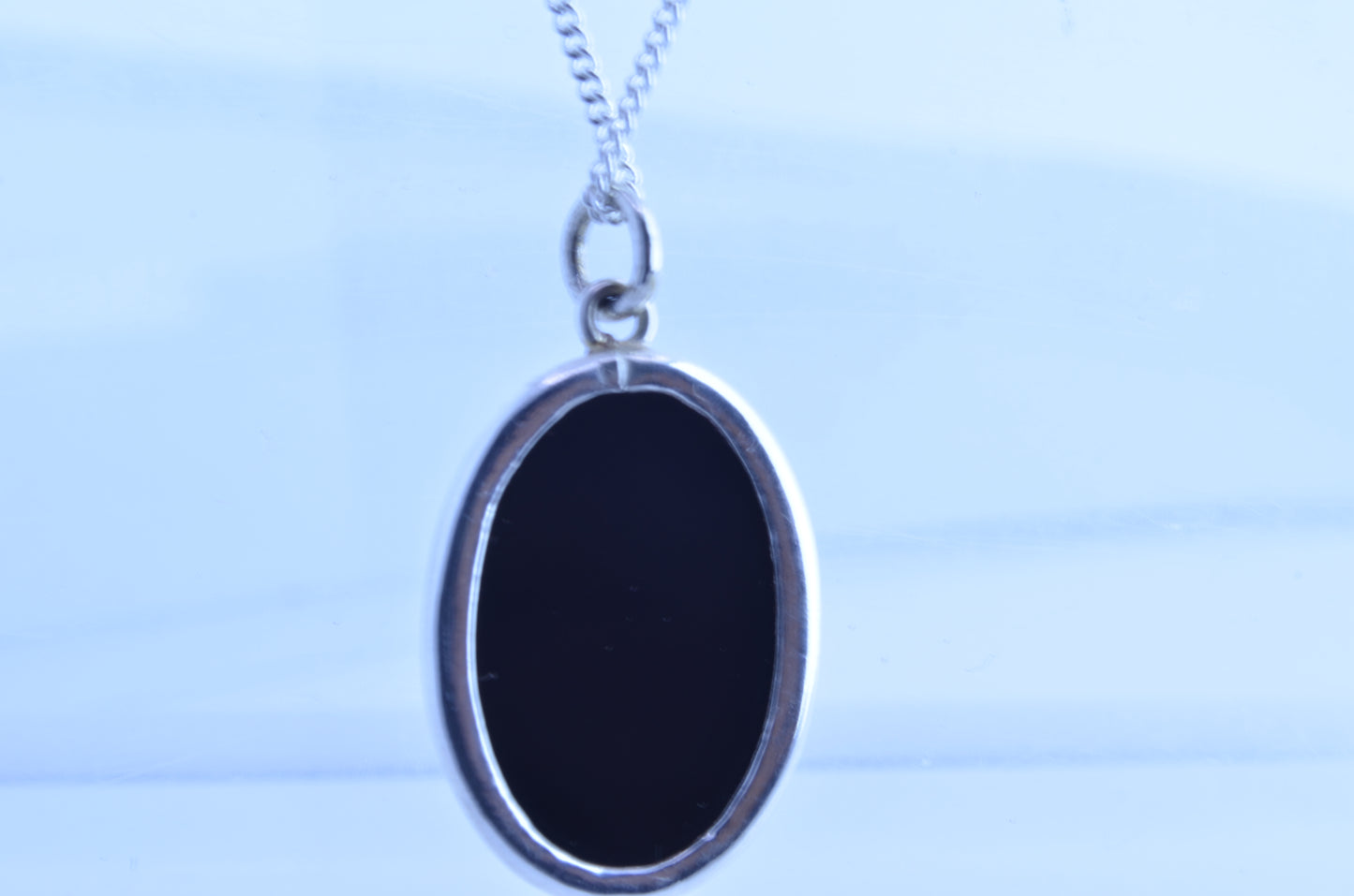 Silver necklace, natural black onyx pendant, oval shape gemstone, 18” chain
