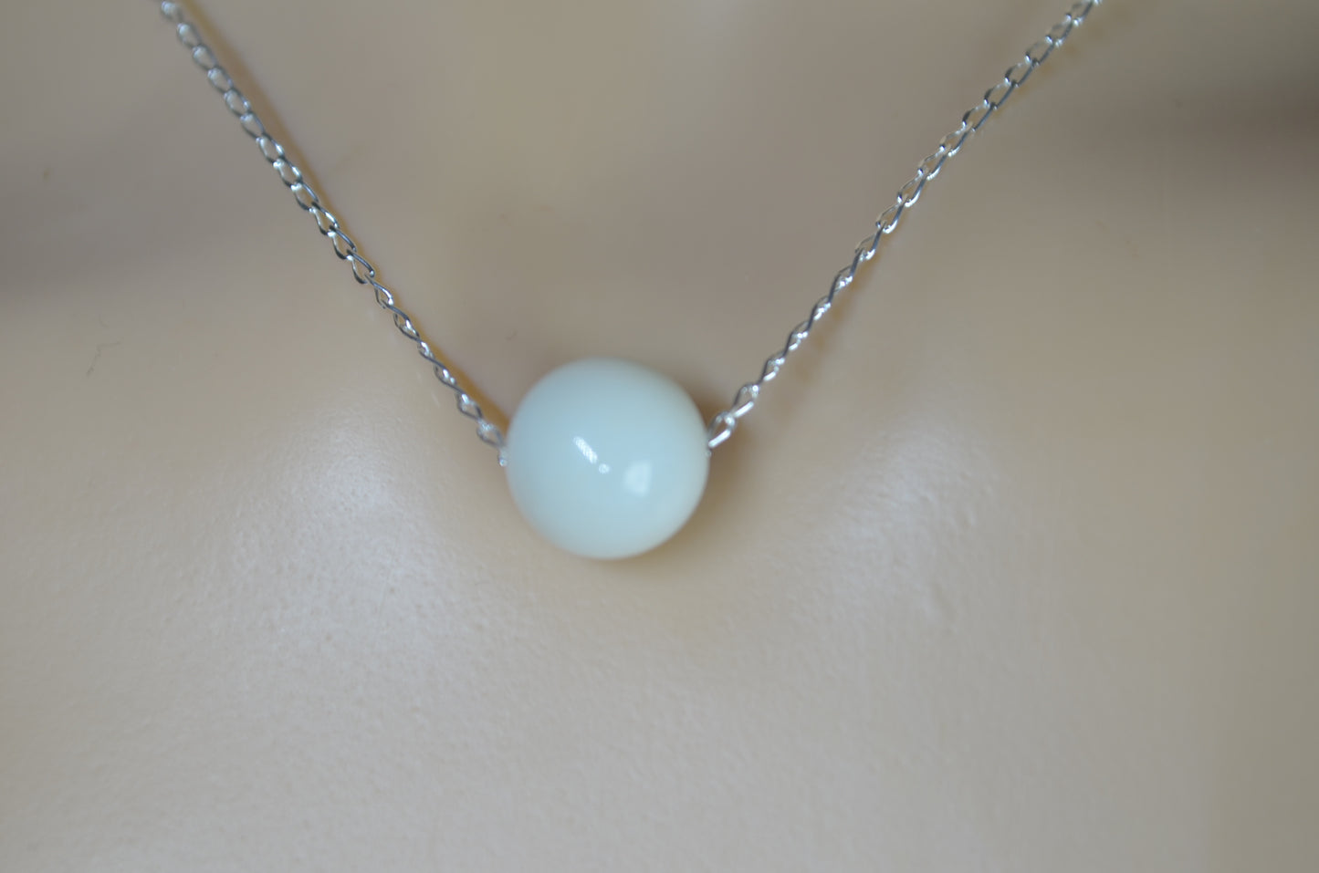 silver necklace White moonstone small bead,18” silver chain
