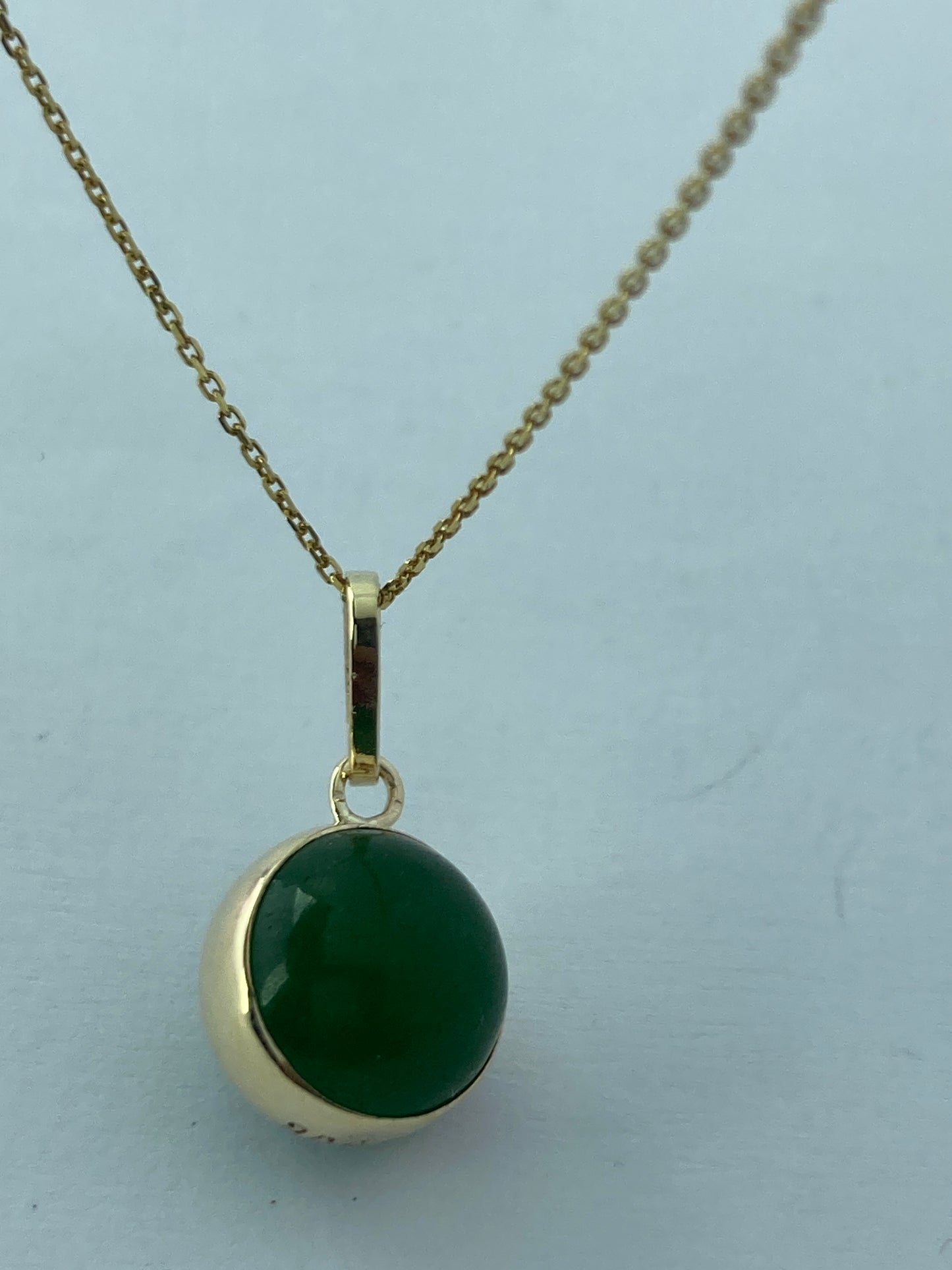 gold Green jade pendant, 18” chain
