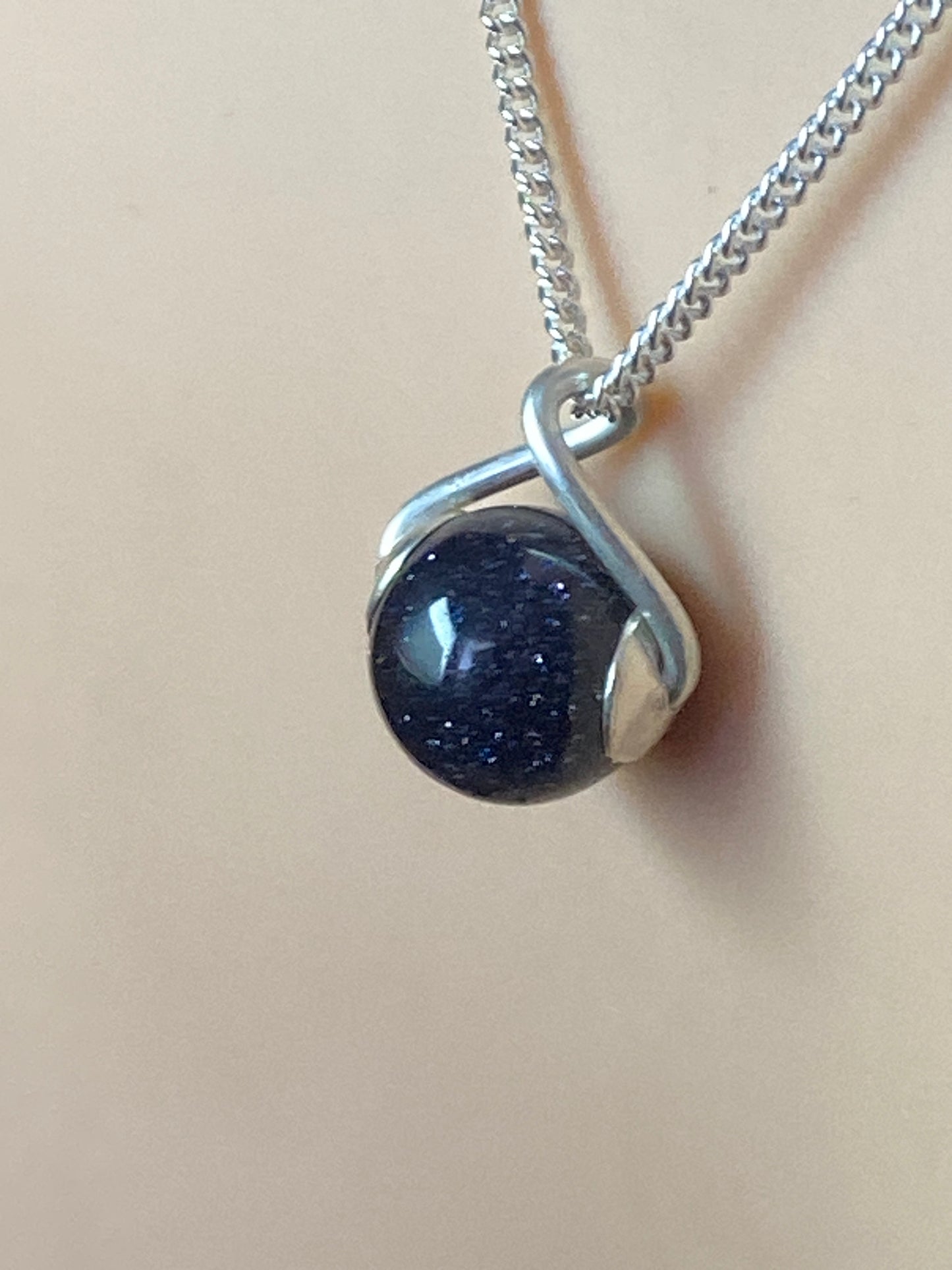 Blue goldstone Silver necklace, 18” silver chain