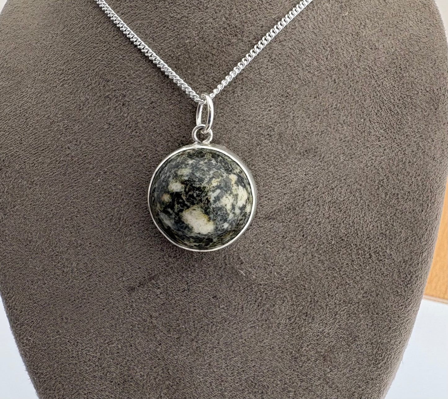 Preseli Bluestone and silver necklace, solid 925 sterling silver, 18” chain