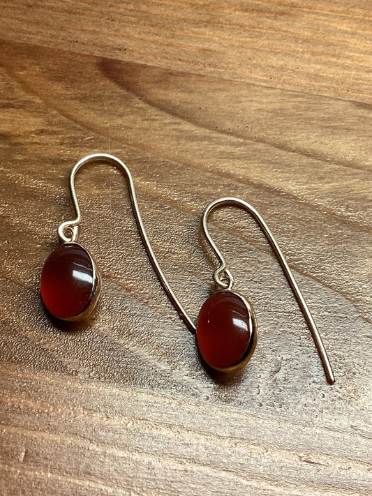 9ct gold earrings, red carnelian gemstone, solid yellow 9ct gold  oval stones earrings
