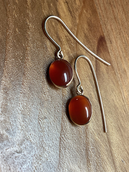 9ct gold earrings, red carnelian gemstone, solid yellow 9ct gold  oval stones earrings