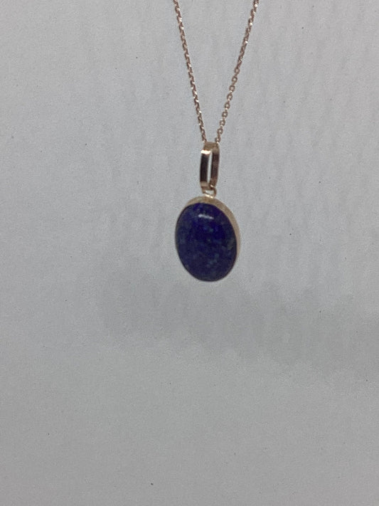 Lapis lazuli gold necklace, solid 9ct Rose gold, oval blue stone pendant
