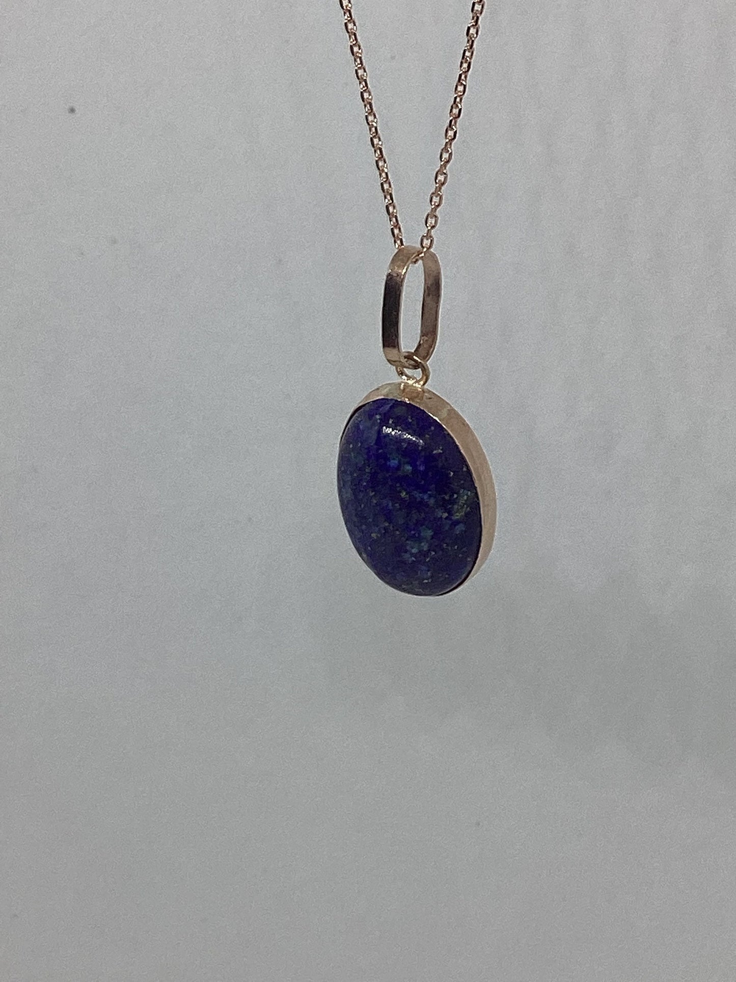 Lapis lazuli gold necklace, solid 9ct Rose gold, oval blue stone pendant