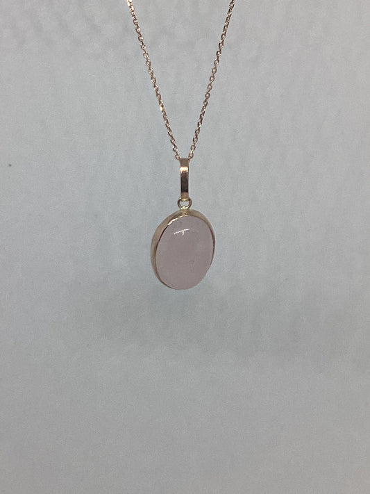 Rose quartz gold necklace, solid 9ct Rose gold, oval oval  stone pendant