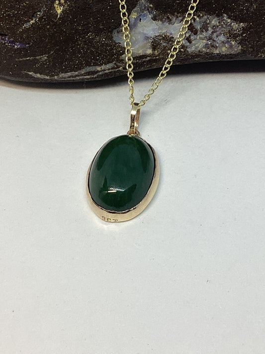 Jade gold necklace, solid 9ct yellow gold, oval green Jade  stone pendant