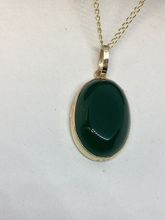 Green onyx gold pendant, solid 9ct yellow gold necklace , oval natural gemstone