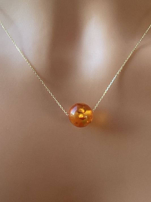 gold amber necklace, solid 9ct yellow gold 18” chain