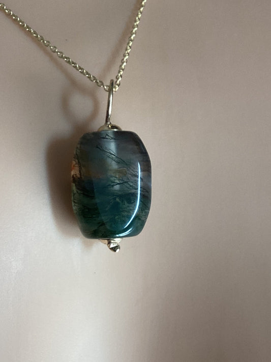 Gold Moss Agate necklace, solid 9ct yellow gold, natural oblong green stone, 18” chain