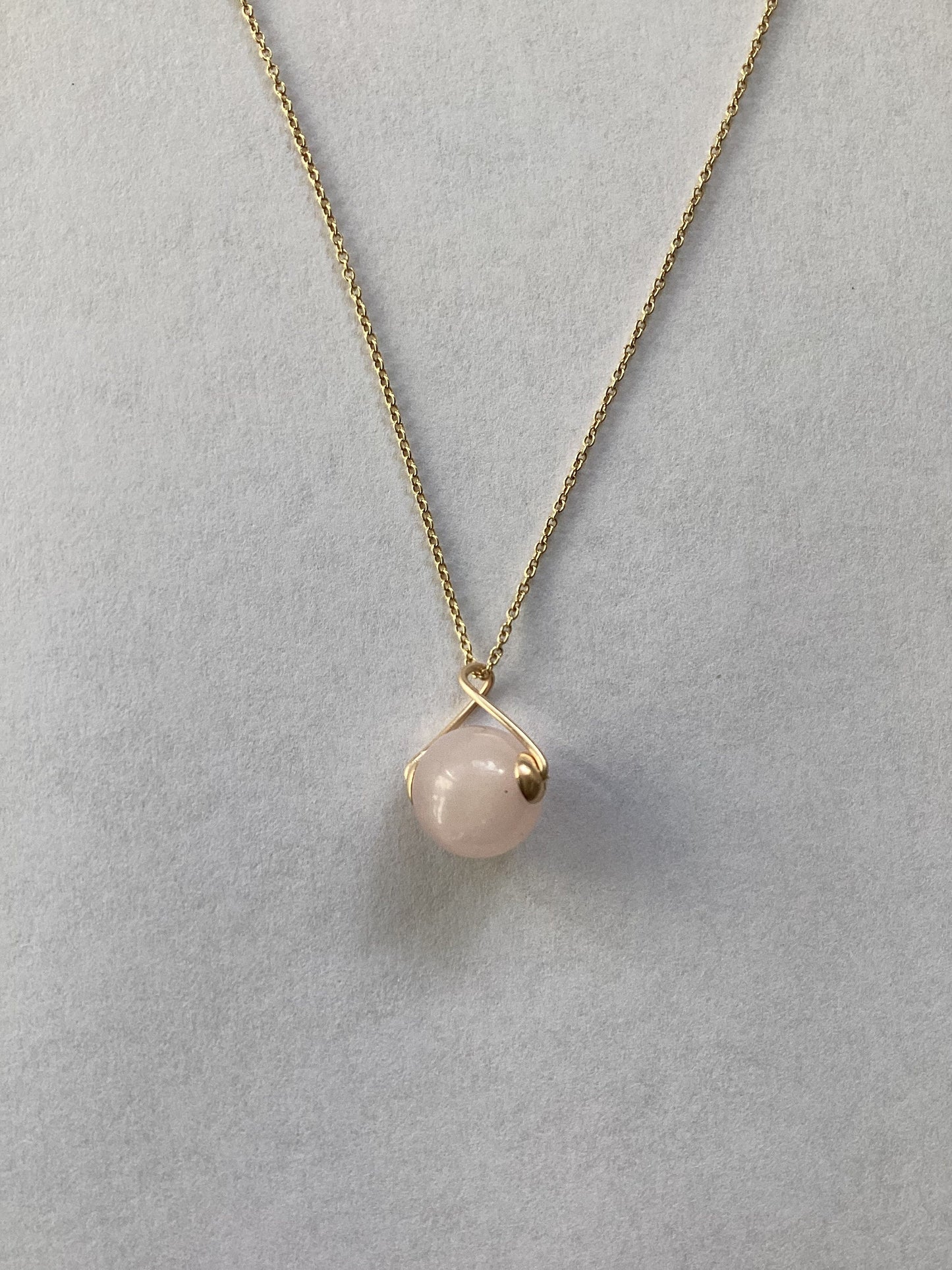 gold necklace, Rose quartz pendant, solid gold, pink round stone