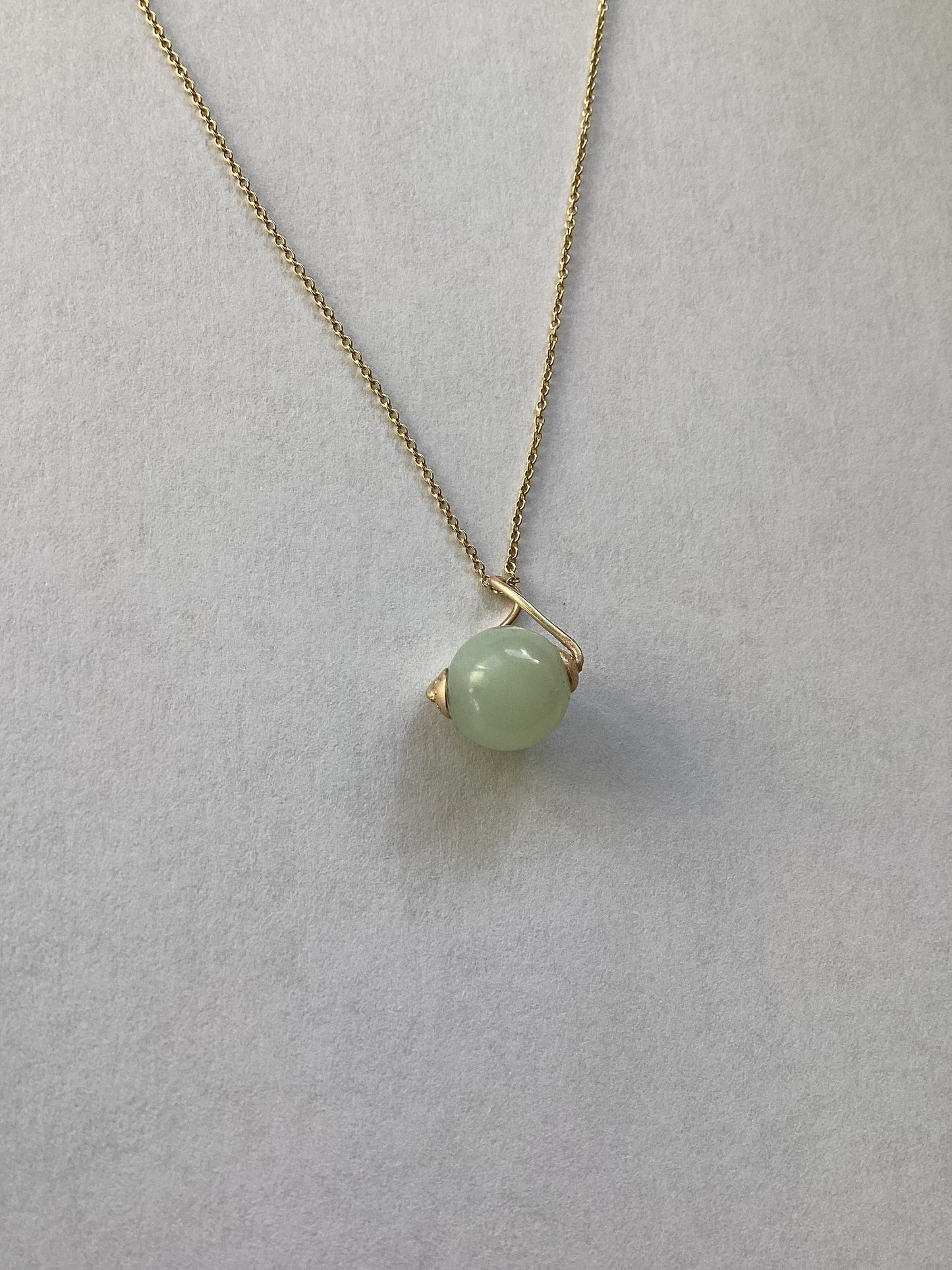 Gold and jade pendant, natural new jade necklace, solid 9ct yellow gold, 18” chain, light green gemstone, round twisted pendant