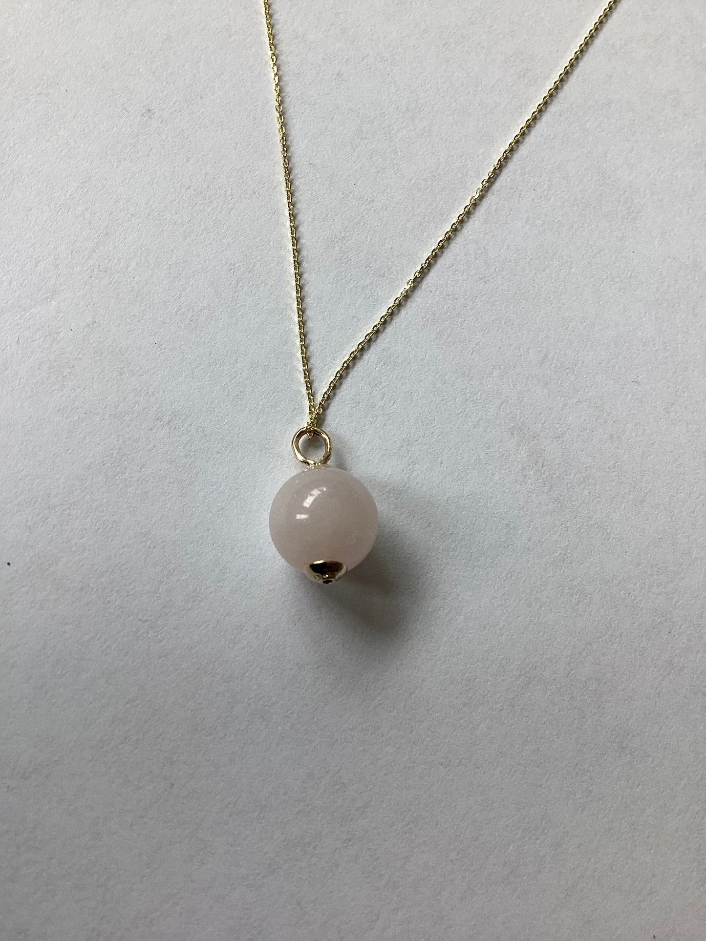 Rose quartz pendant, solid 9ct yellow gold necklace, pink round natural gemstone