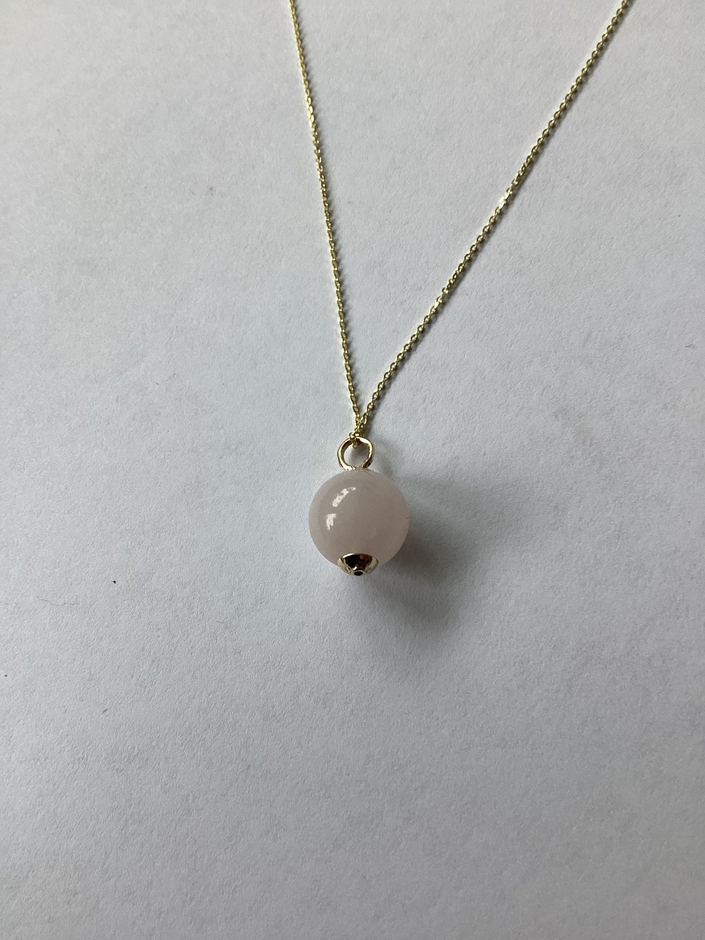 Rose quartz pendant, solid 9ct yellow gold necklace, pink round natural gemstone