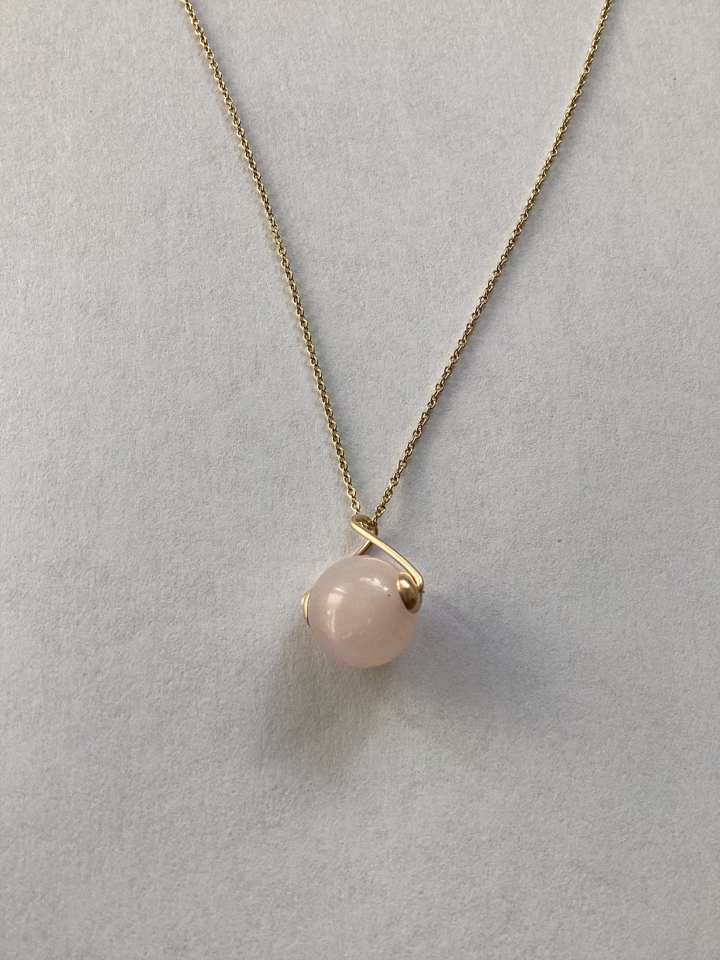 gold necklace, Rose quartz pendant, solid gold, pink round stone