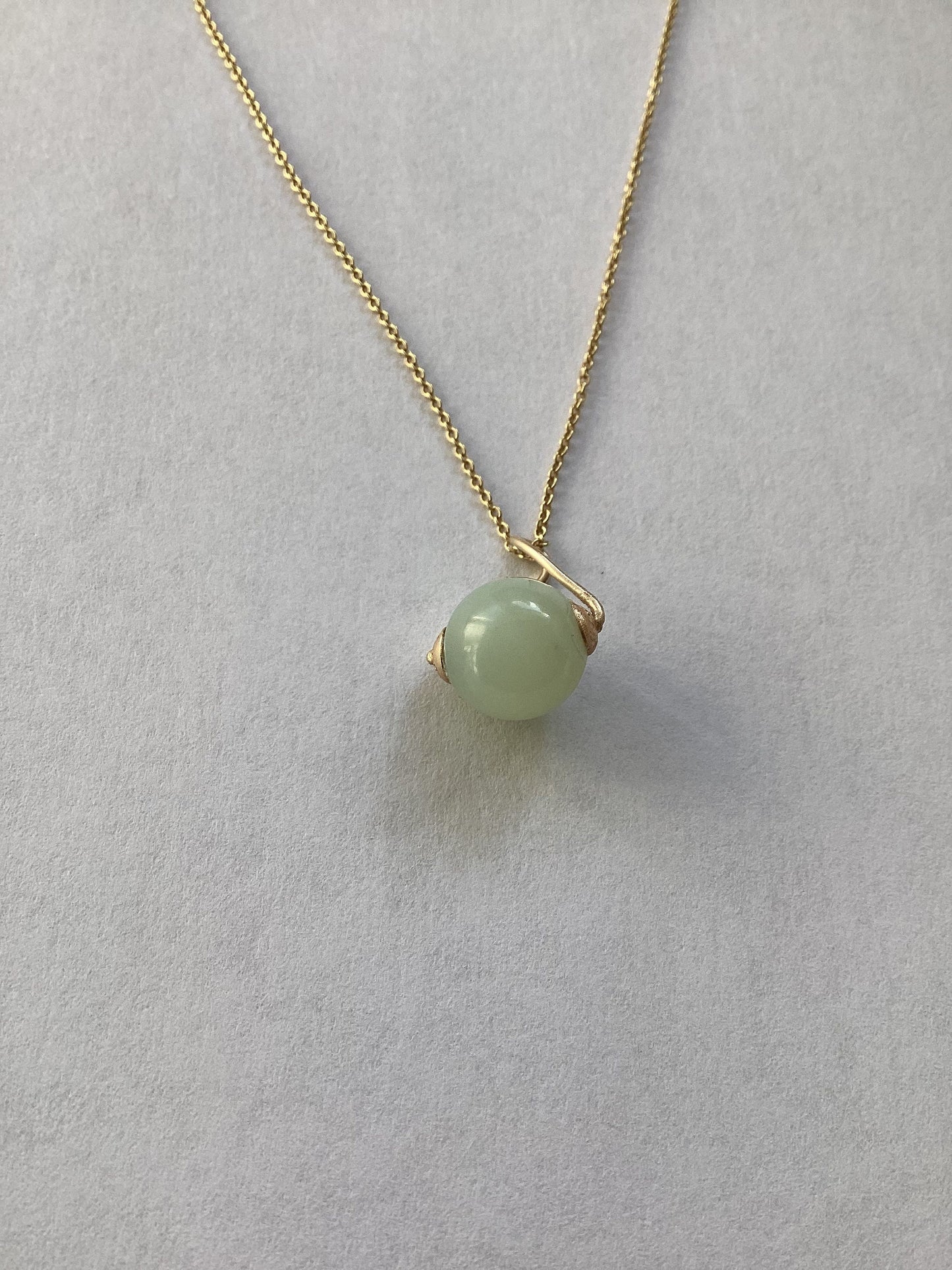 Gold and jade pendant, natural new jade necklace, solid 9ct yellow gold, 18” chain, light green gemstone, round twisted pendant