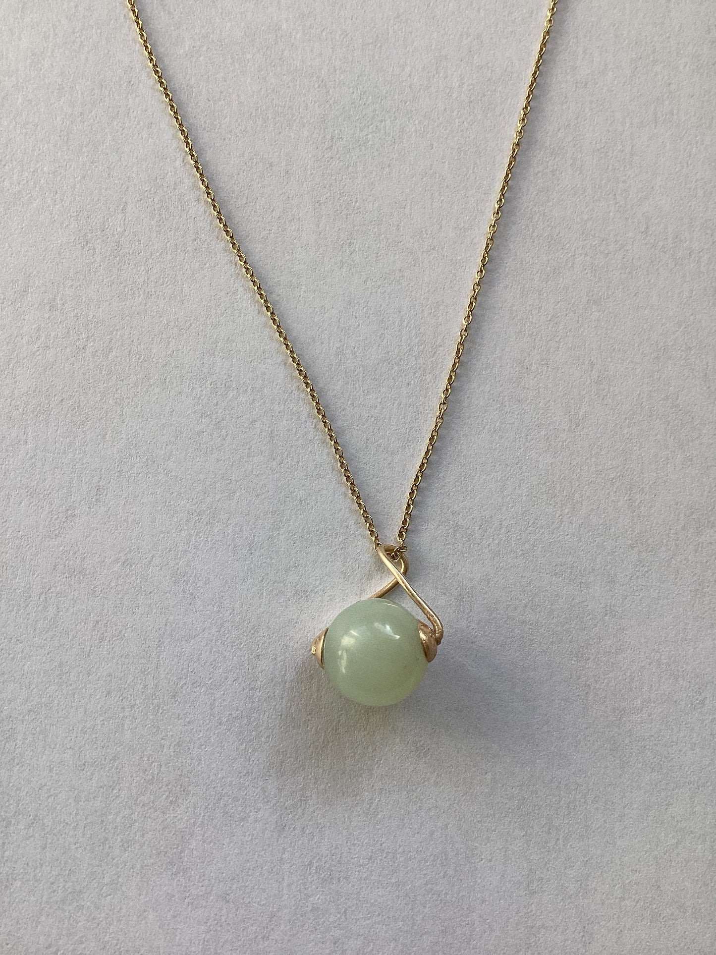 Gold and jade pendant, natural new jade necklace, solid 9ct yellow gold, 18” chain, light green gemstone, round twisted pendant