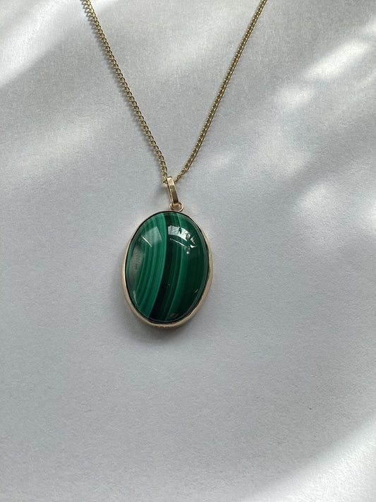 Malachite gold pendant, solid 9ct yellow gold necklace, natural oval green gemstone, 18” gold chain, handmade pendant