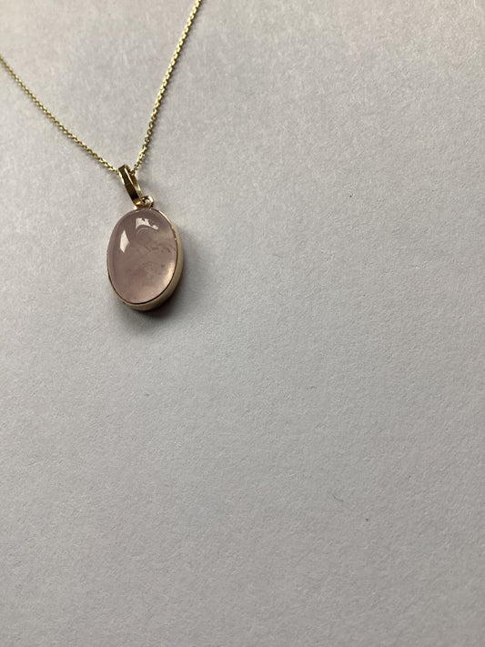 Gold Rose quartz pendant, solid 9ct yellow gold, natural oval pink stone, 18” chain, handmade jewellery