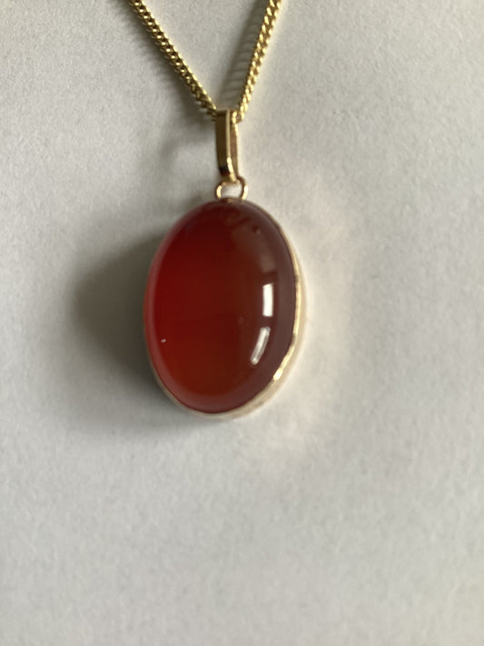 Gold carnelian pendant, solid 9ct yellow gold necklace, natural oval gemstone, 18” gold chain
