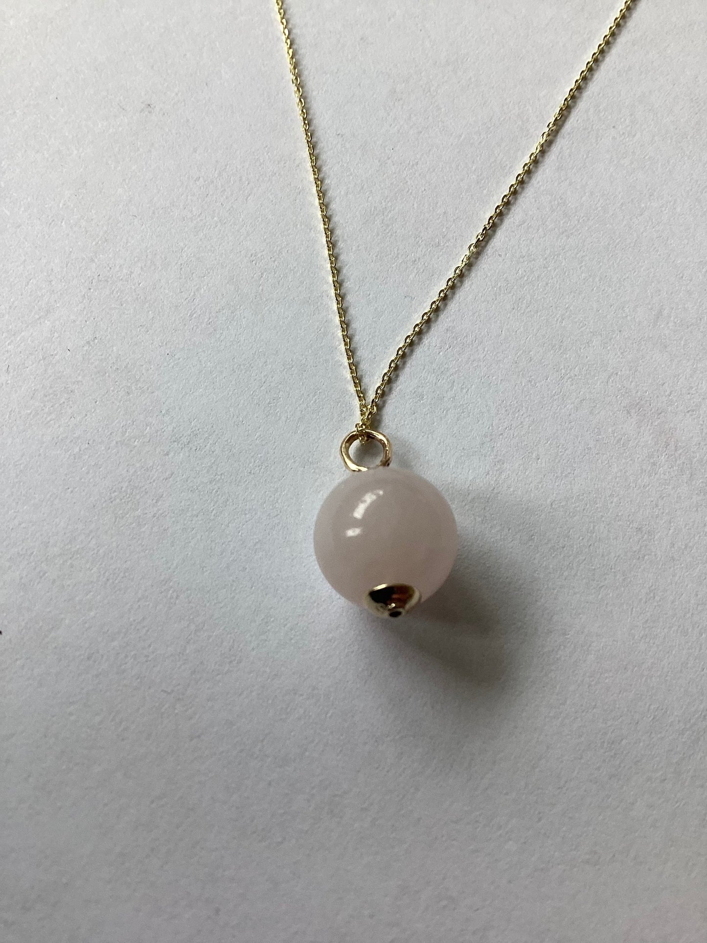 Rose quartz pendant, solid 9ct yellow gold necklace, pink round natural gemstone