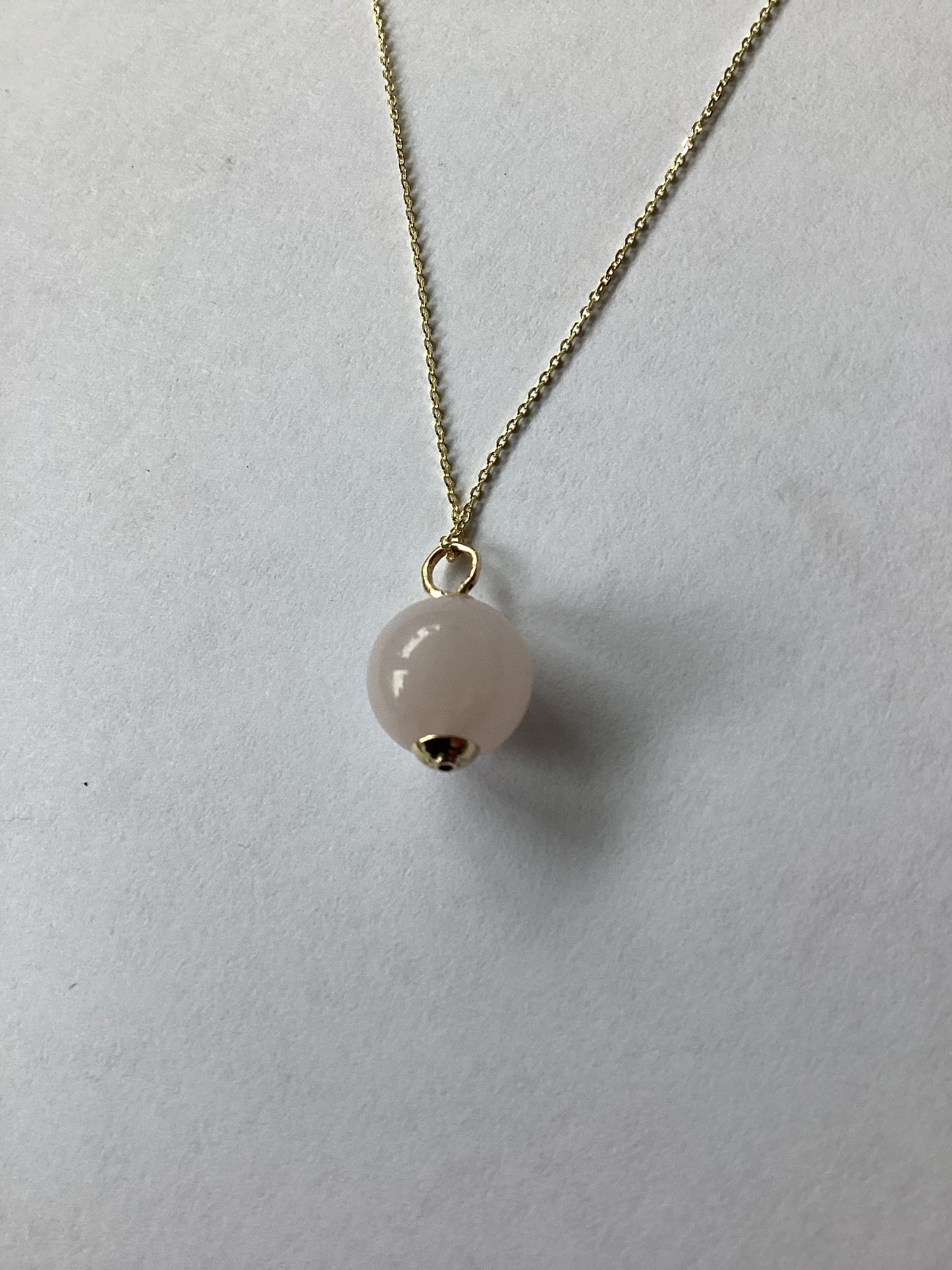 Rose quartz pendant, solid 9ct yellow gold necklace, pink round natural gemstone