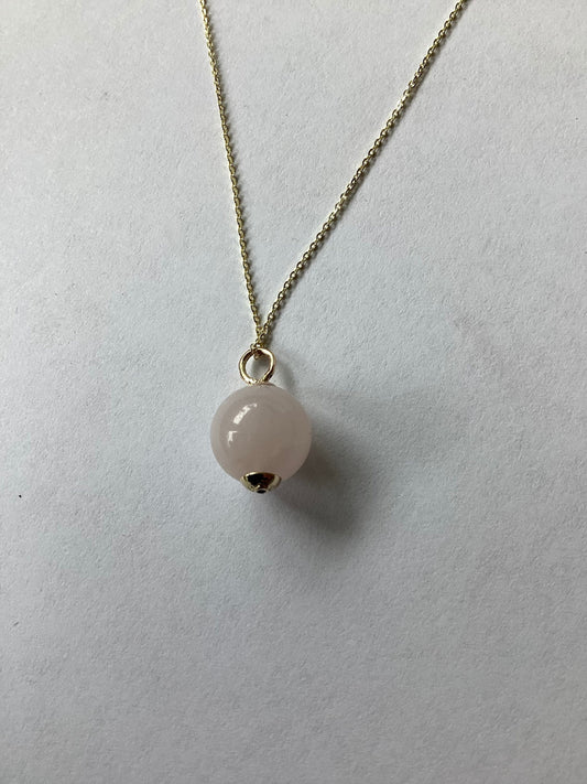 Rose quartz pendant, solid 9ct yellow gold necklace, pink round natural gemstone