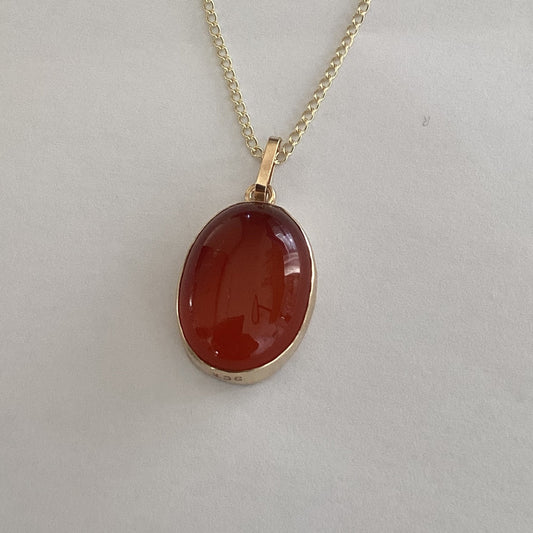 Gold carnelian pendant, solid 9ct yellow gold necklace, oval natural red gemstone, 18” gold chain