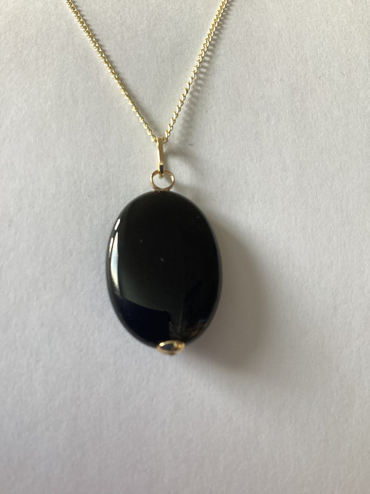9ct gold black onyx necklace, solid 9ct yellow gold necklace, oval black onyx pendant
