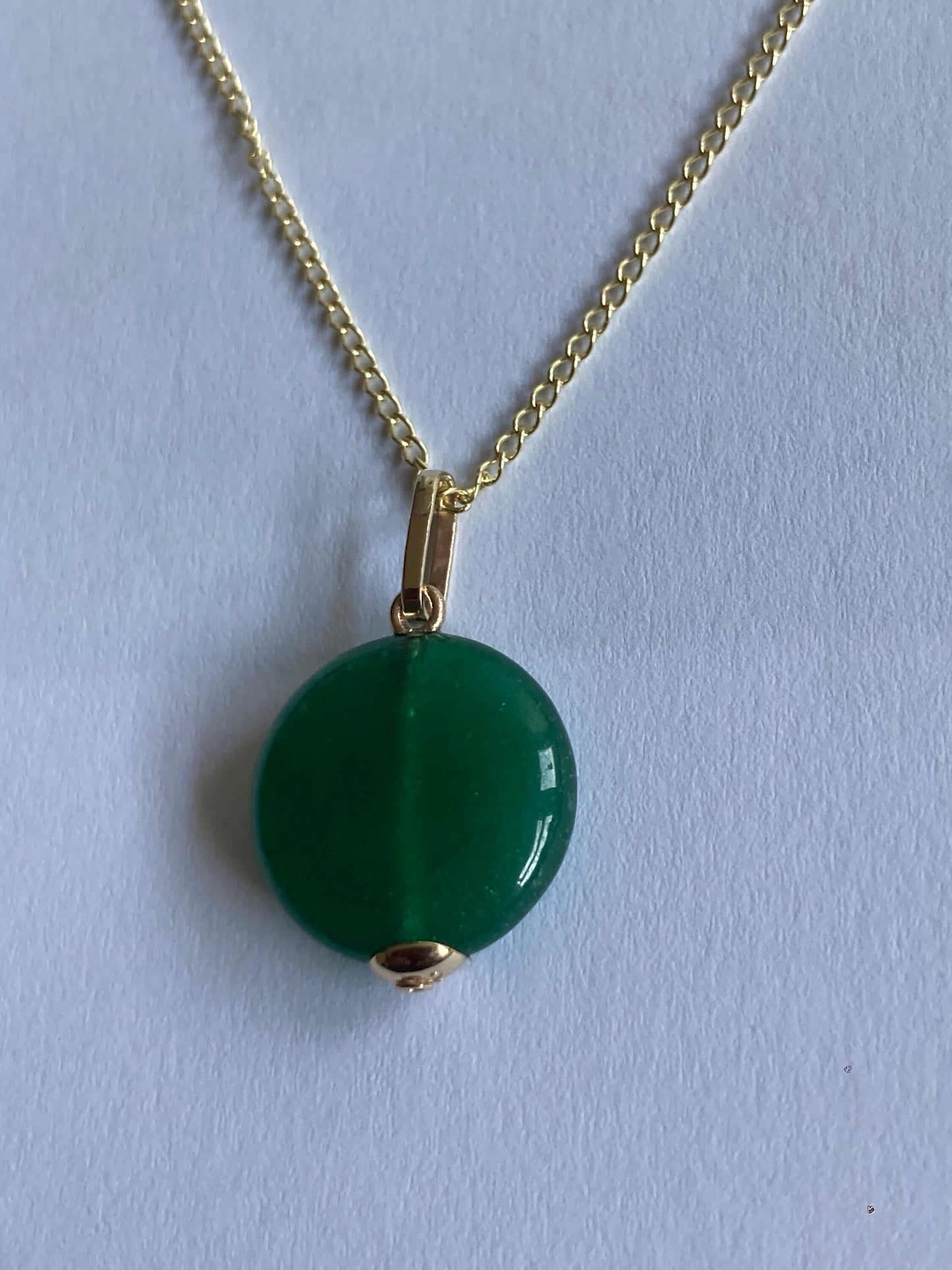 Gold Green onyx pendant, solid 9ct yellow gold necklace , round natural gemstone
