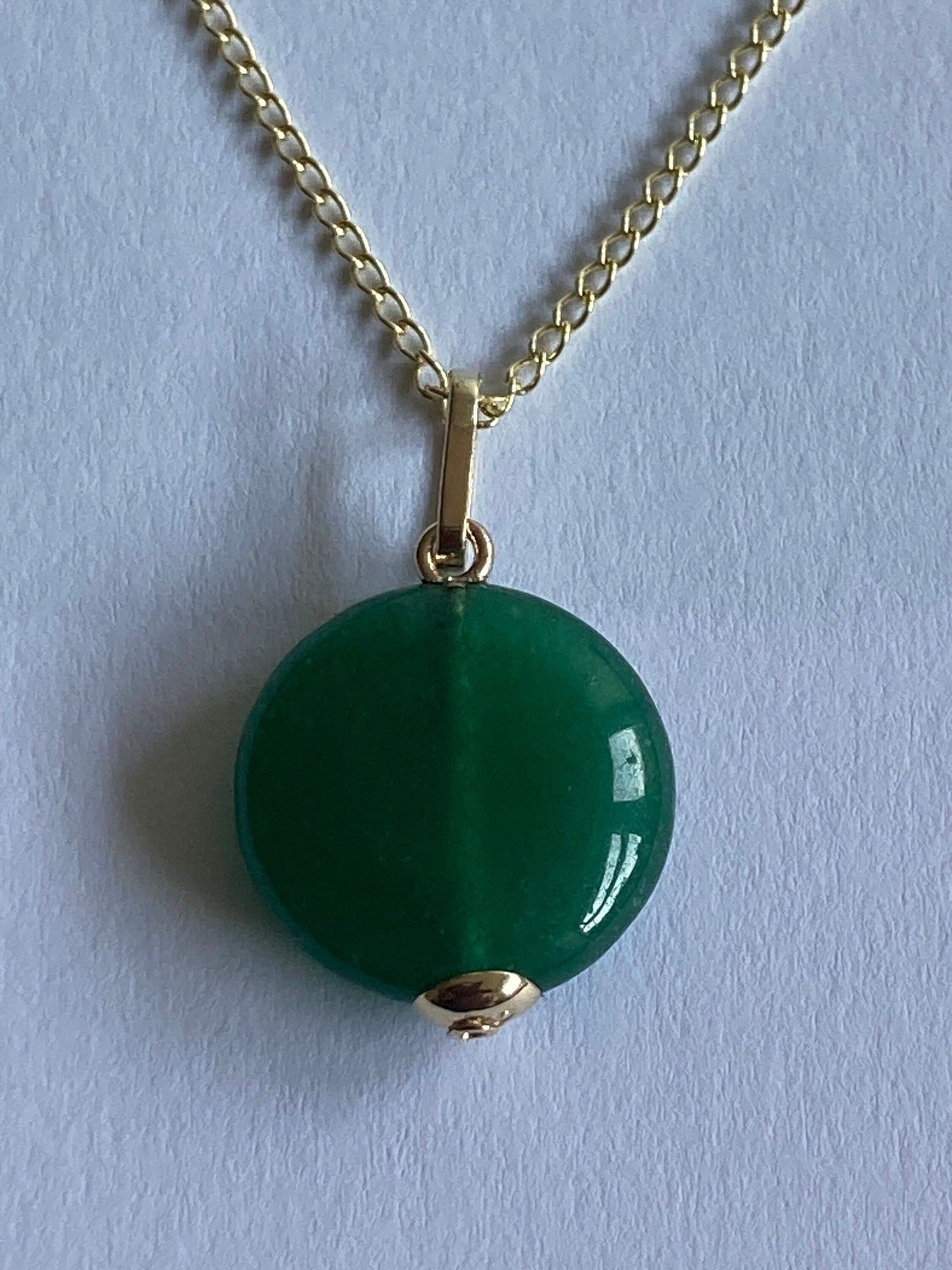 Gold Green onyx pendant, solid 9ct yellow gold necklace , round natural gemstone