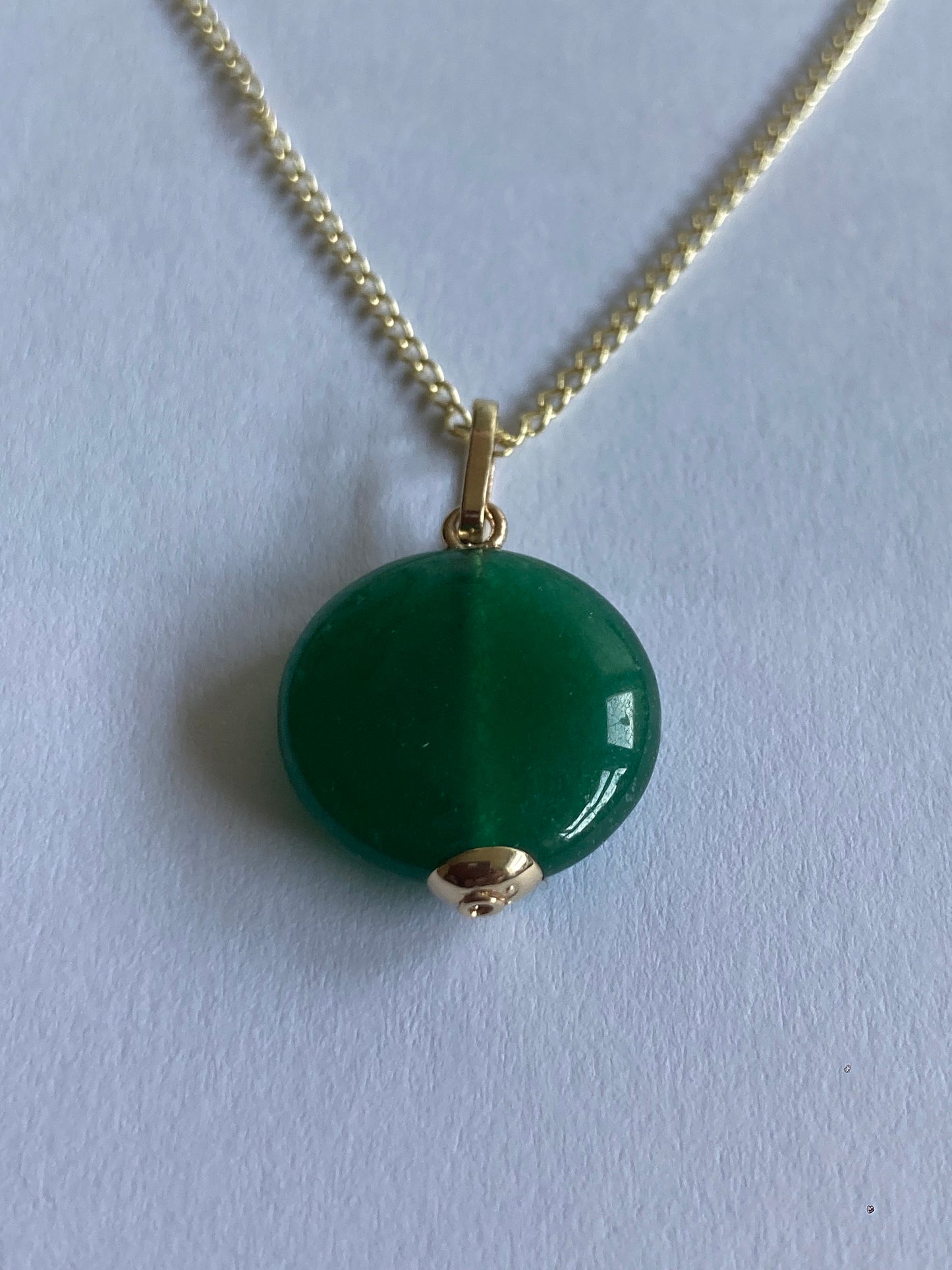 Gold Green onyx pendant, solid 9ct yellow gold necklace , round natural gemstone