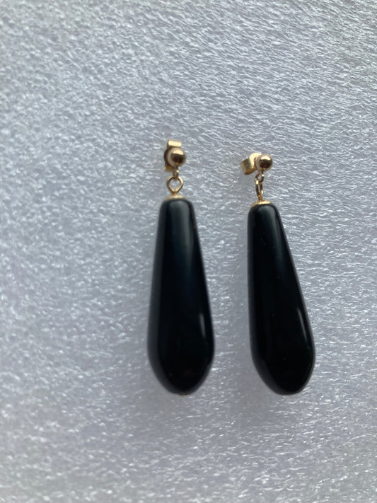 9ct Gold black onyx earrings, solid 9ct yellow gold earrings, natural black gemstones