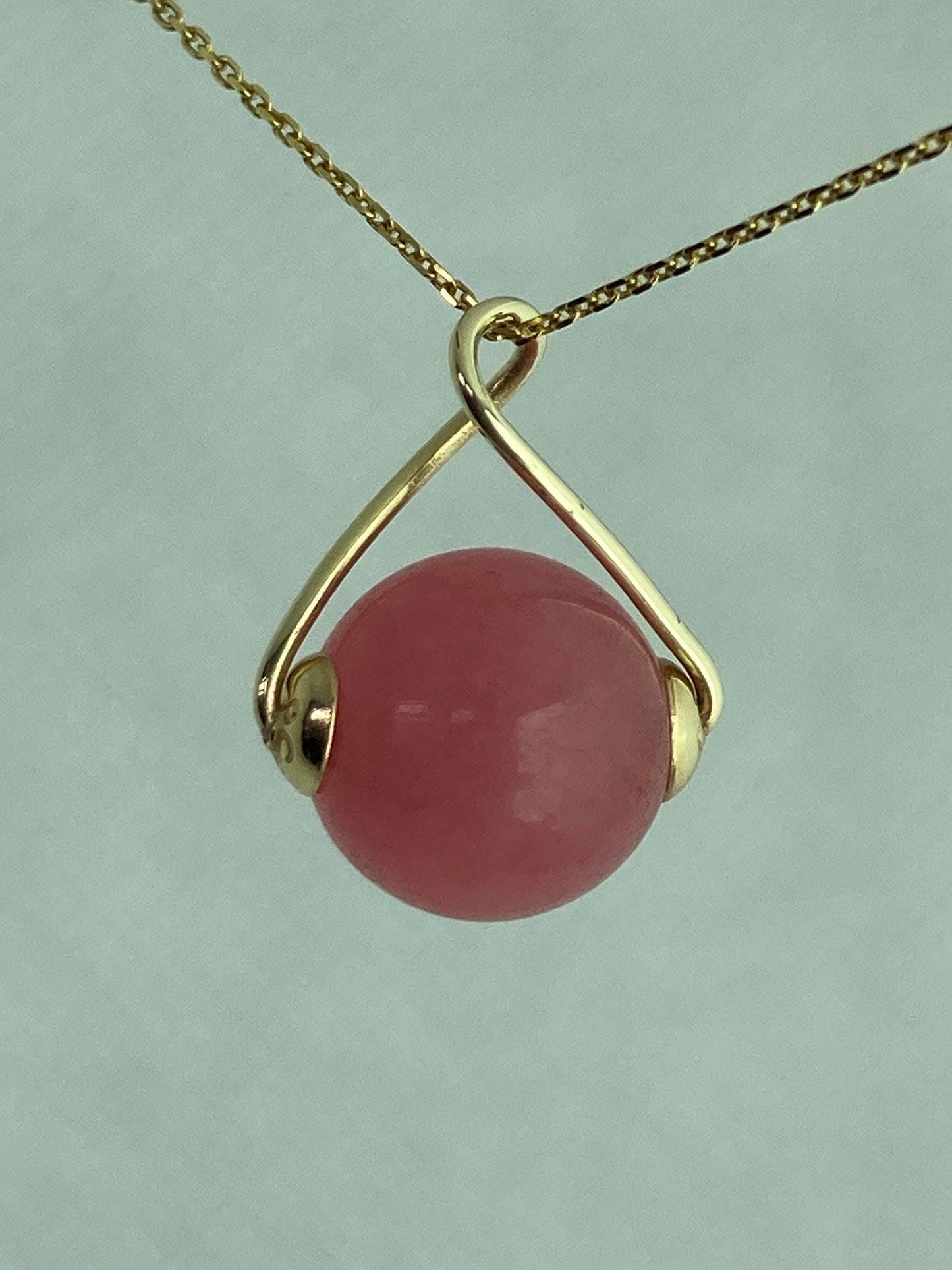 Pink gold necklace, pink Jade pendant, solid yellow gold, round stone