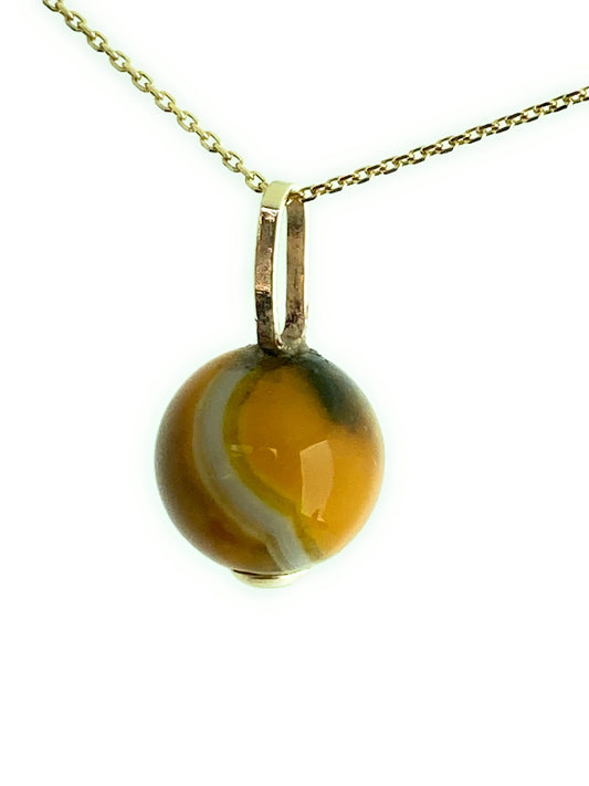 Gold yellow agate pendant, solid 9ct yellow gold necklace , natural round gemstone