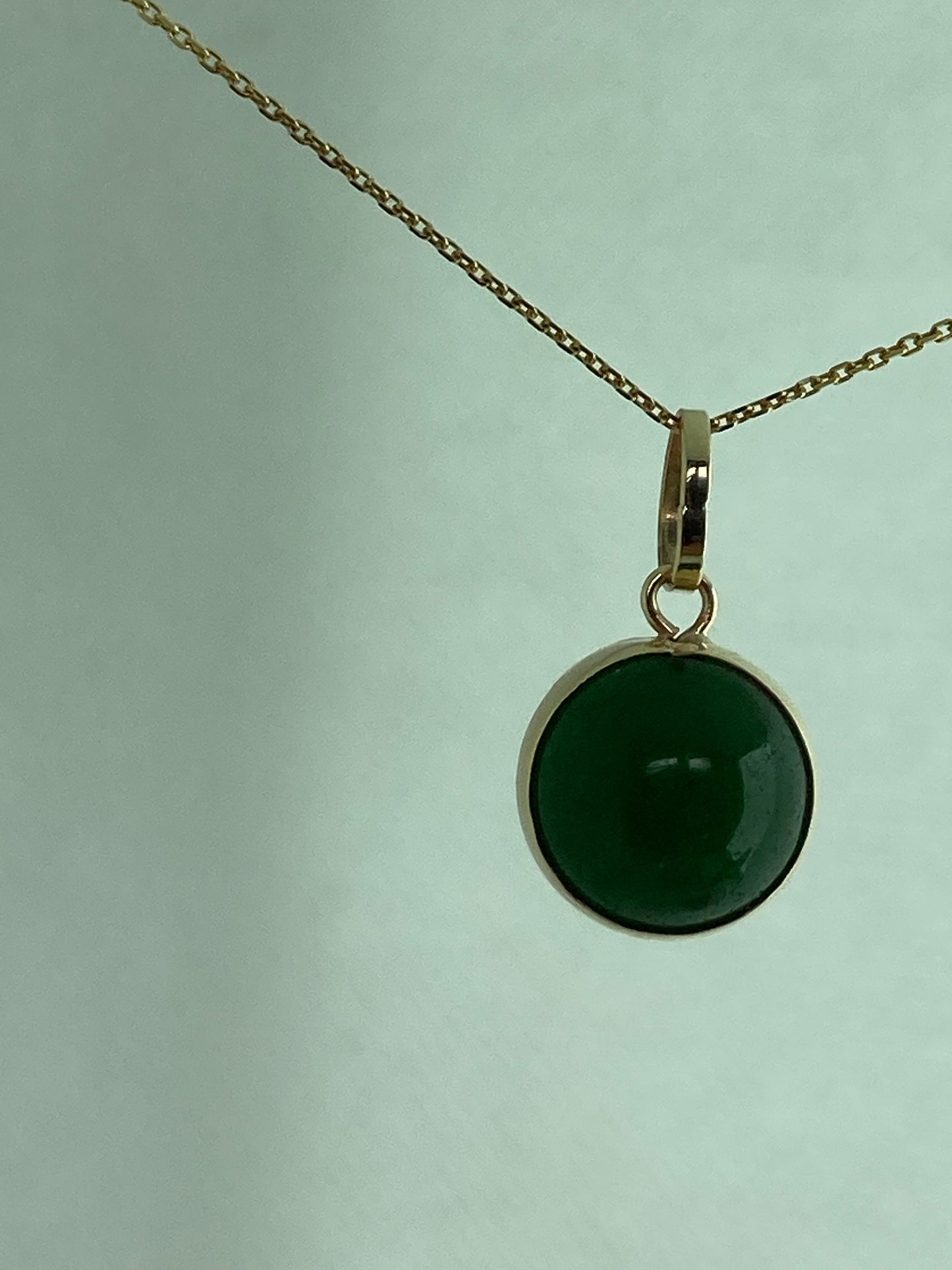 Jade 9ct gold necklace, green Jade pendant, solid yellow gold, round stone