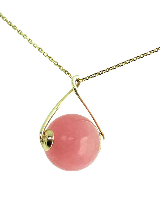 Pink gold necklace, pink Jade pendant, solid yellow gold, round stone