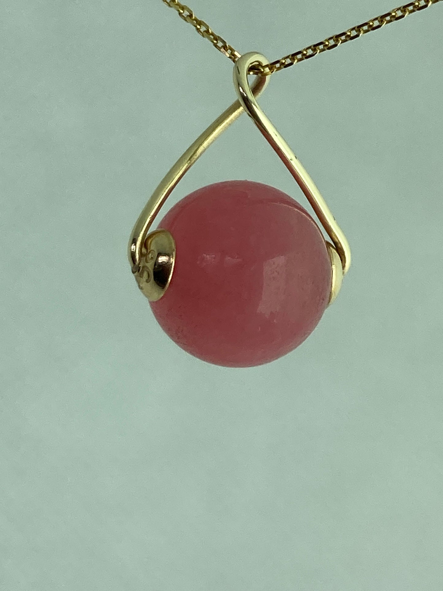 Pink gold necklace, pink Jade pendant, solid yellow gold, round stone