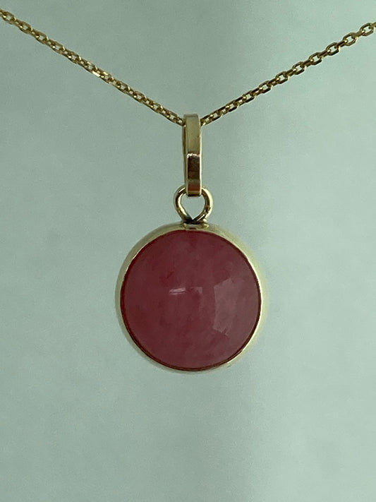 Pink gold pendant, pink Jade pendant, solid yellow gold, round stone