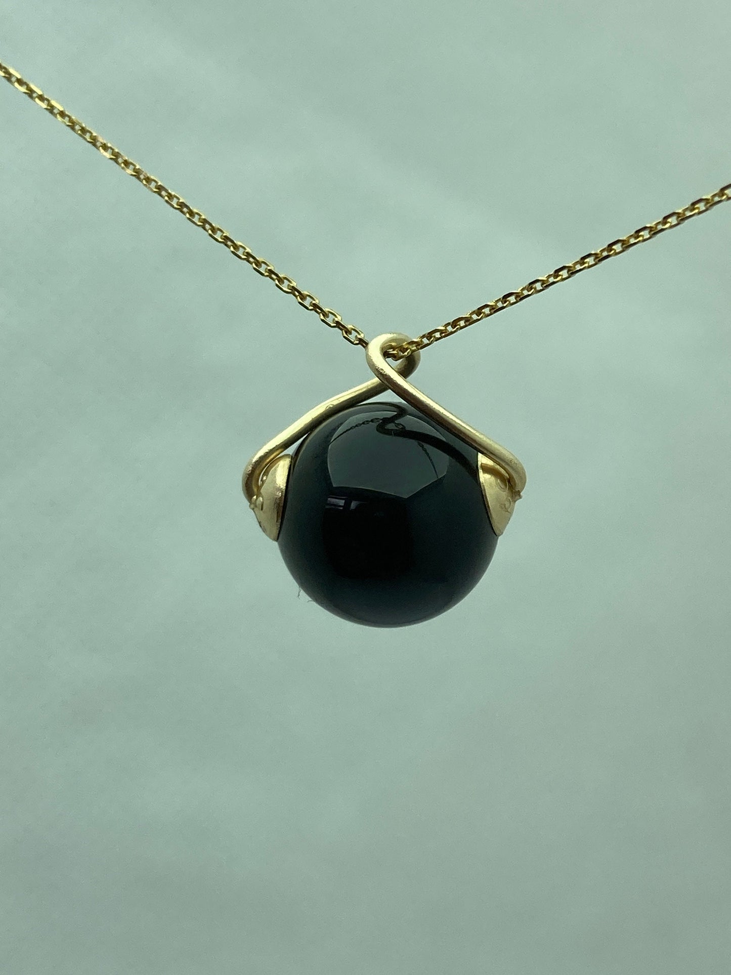 onyx gold necklace, solid 9ct yellow gold necklace, round natural  black onyx pendant